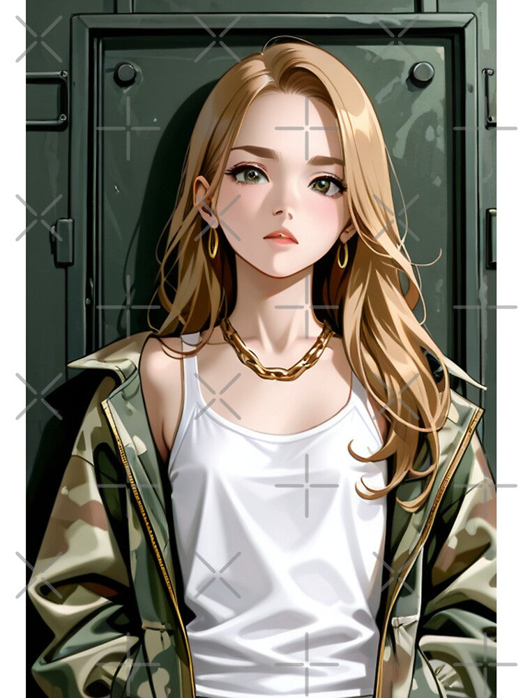 Fashion - Woman in Camouflage Camo Jacket Tank Top Gold Chain Anime Variant 2 by AnimeShin