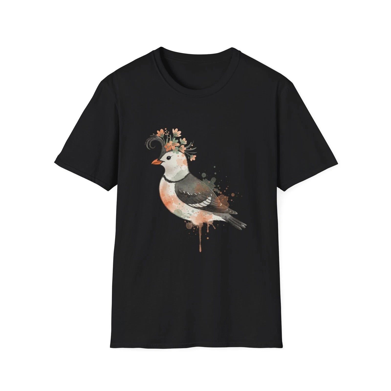 Bird Floral Watercolor Nature Boho Black T-Shirt Cute Aesthetic Print Tee