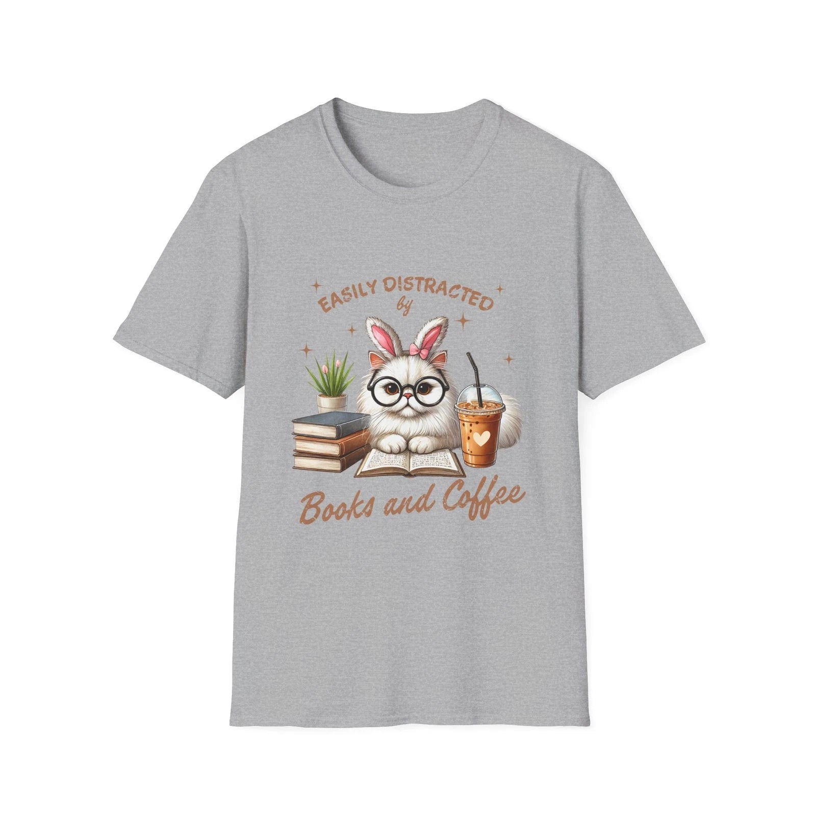Easily Distracted by Books and Coffee Tee, Cat Lover Shirt, Bookworm Gift, Funny