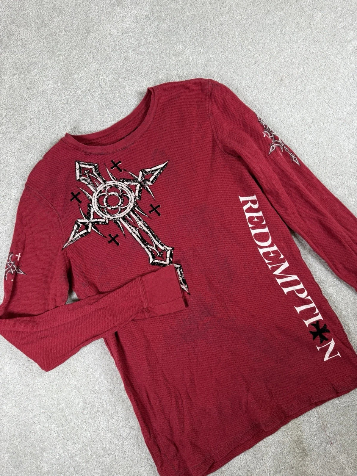 Raw State Redemption Shirt Thermal Mens Size Med Graphic Waffle Knit Wings Cross