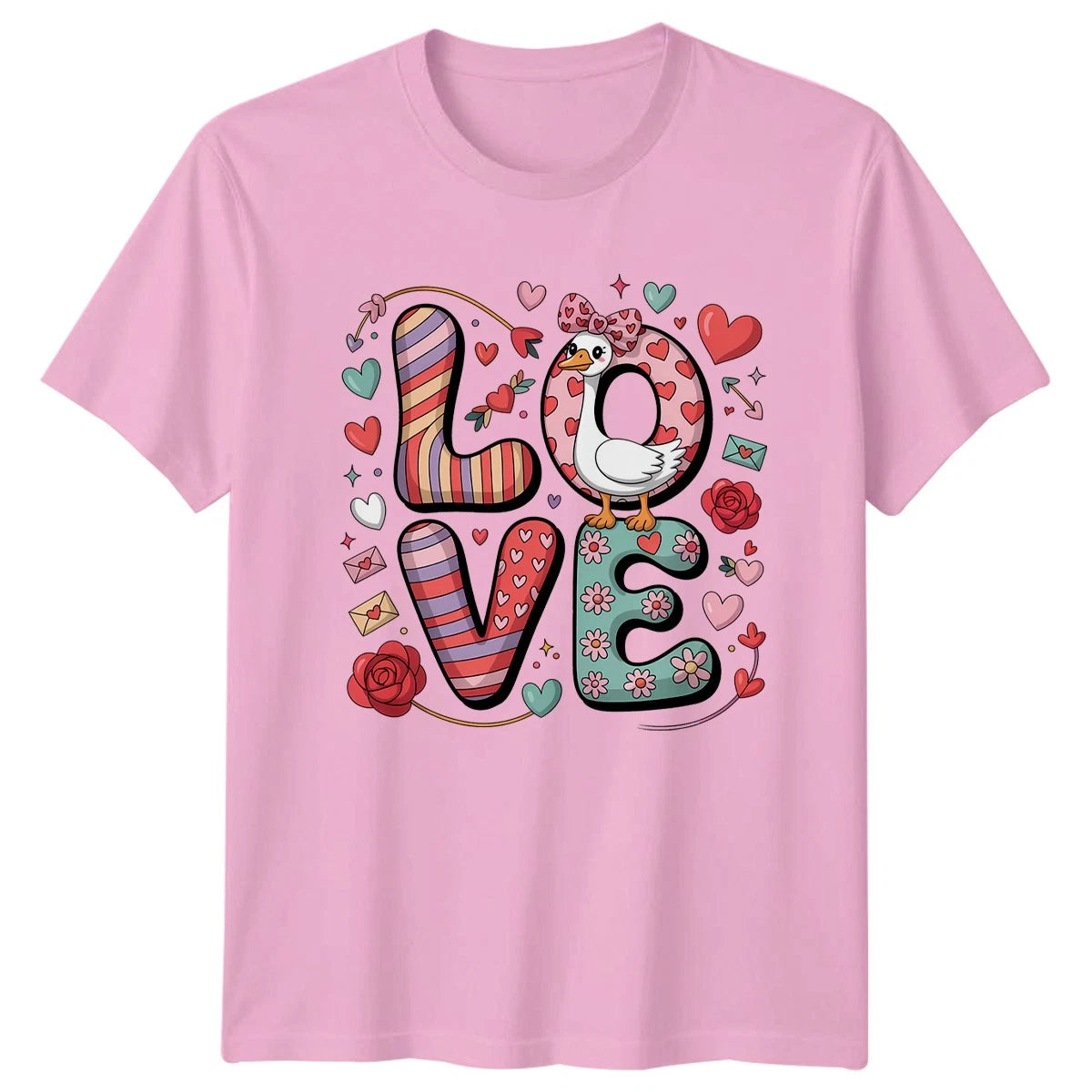 Cute Cartoon Goose In Love Heart Womens T-Shirt Kawaii Doodle Valentines