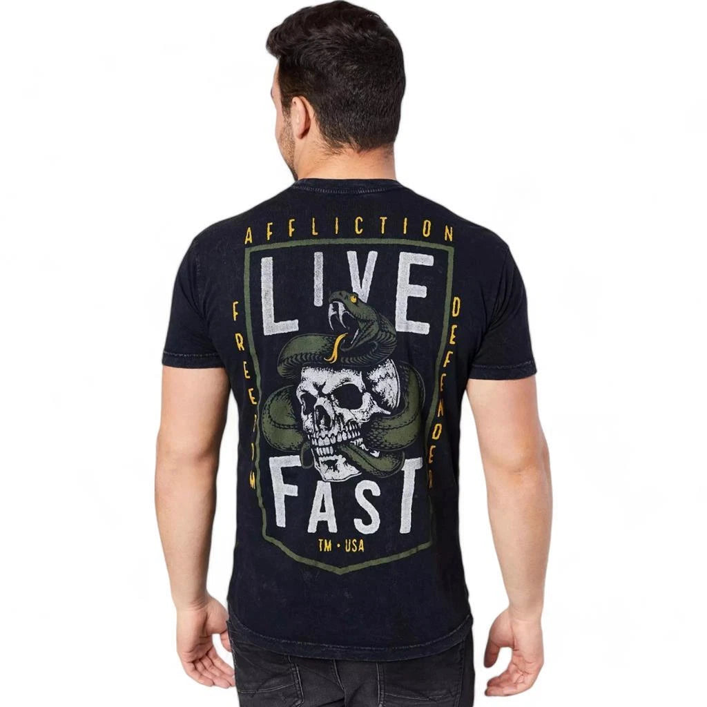 Men's Affliction Freedom Defender Live Fast Black Lava Y2K T-Shirt S-4XL