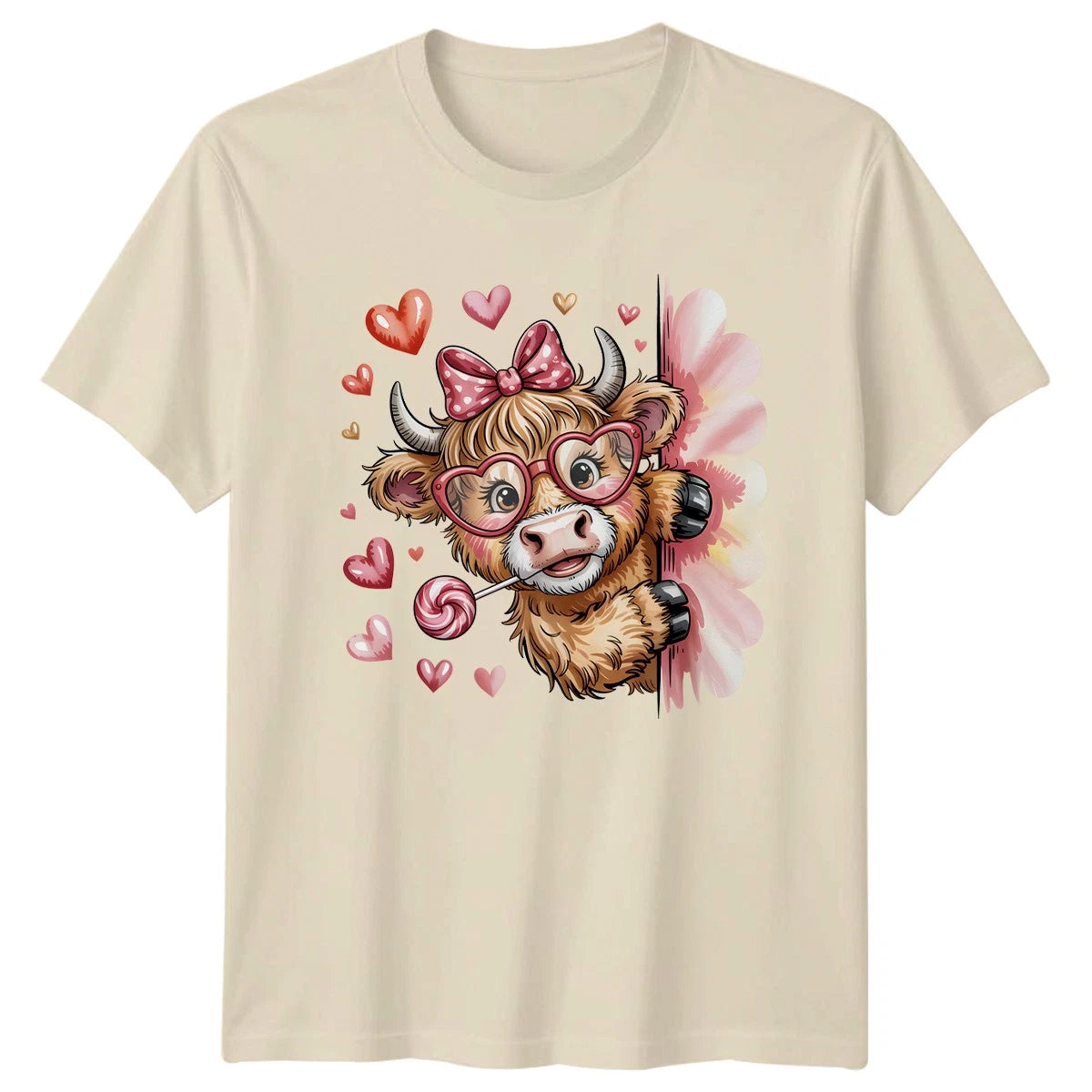 Cute Highland Cow Wearing Heart Glasses Womens T-Shirt Highland Cow Valentines