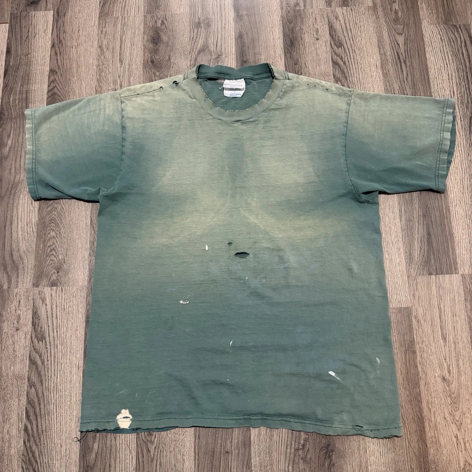 Vintage Fruit Of The Loom Blank T-Shirt Forest Green Sun Faded Thrashed Boxy L