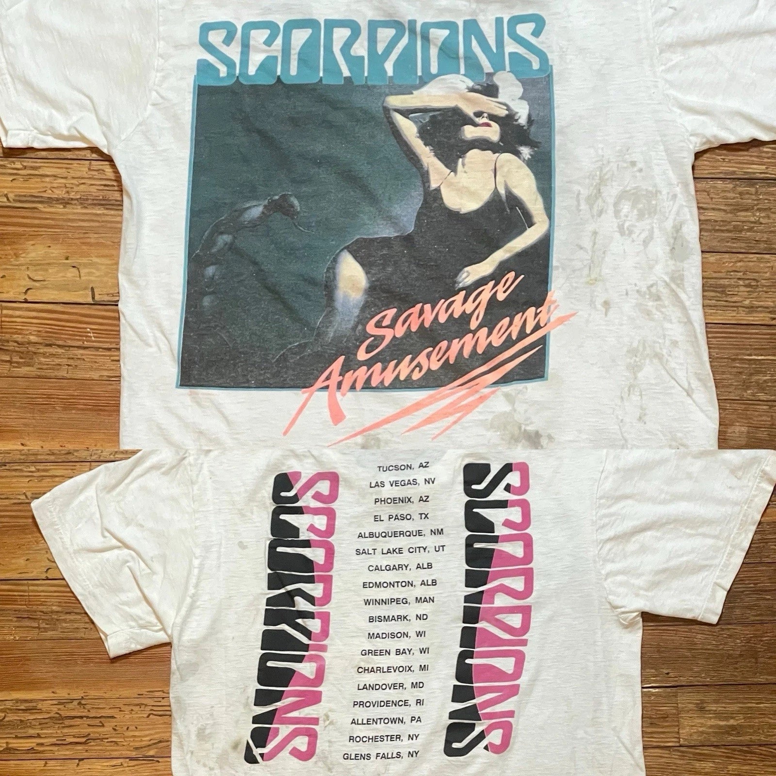 Vintage 80s Scorpions Shirt Size Large Band Tour Rock Metal Thrashed Stained