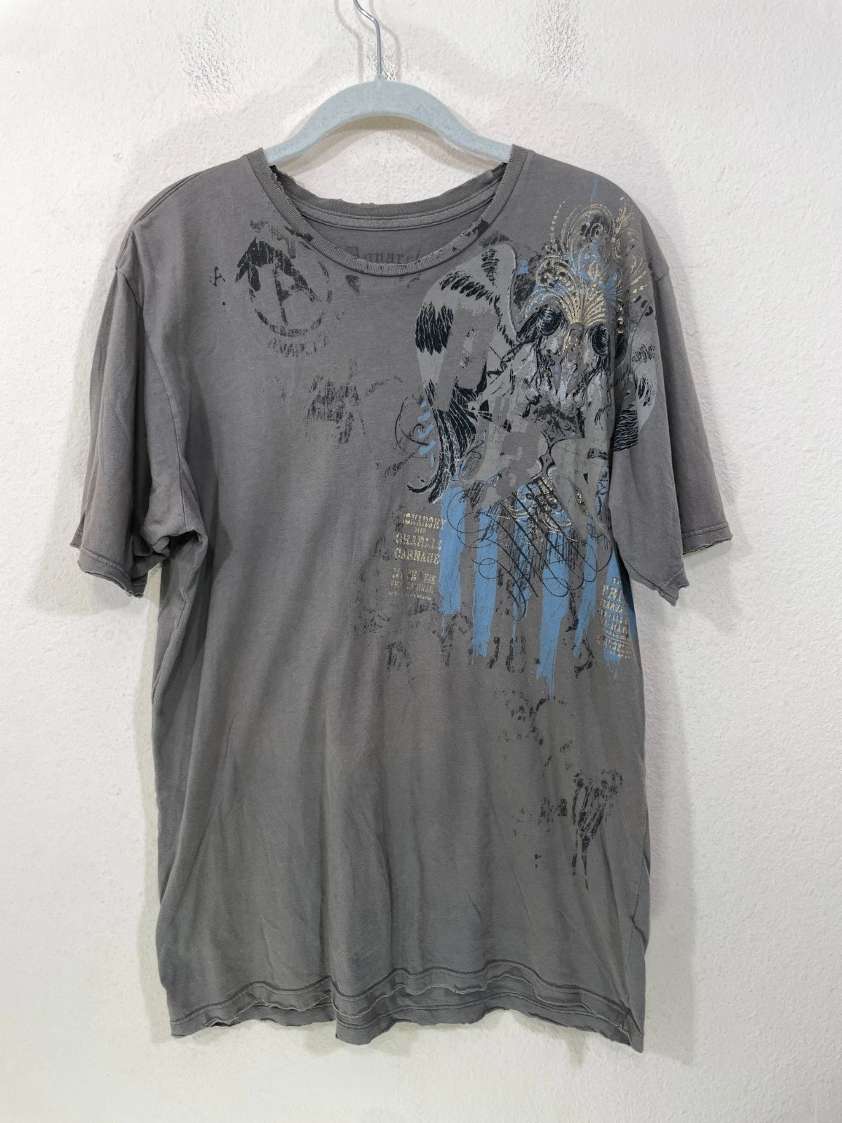 Monarchy LARGE Y2K Gold Embroidered Grunge Goth Distressed Fitted T Shirt Brown