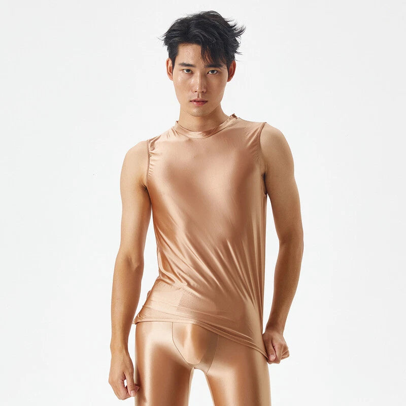 Men Glossy Oily Sport Muscle T-shirt Slim Elastic Tank Tops Vest UndershirtM-2XL