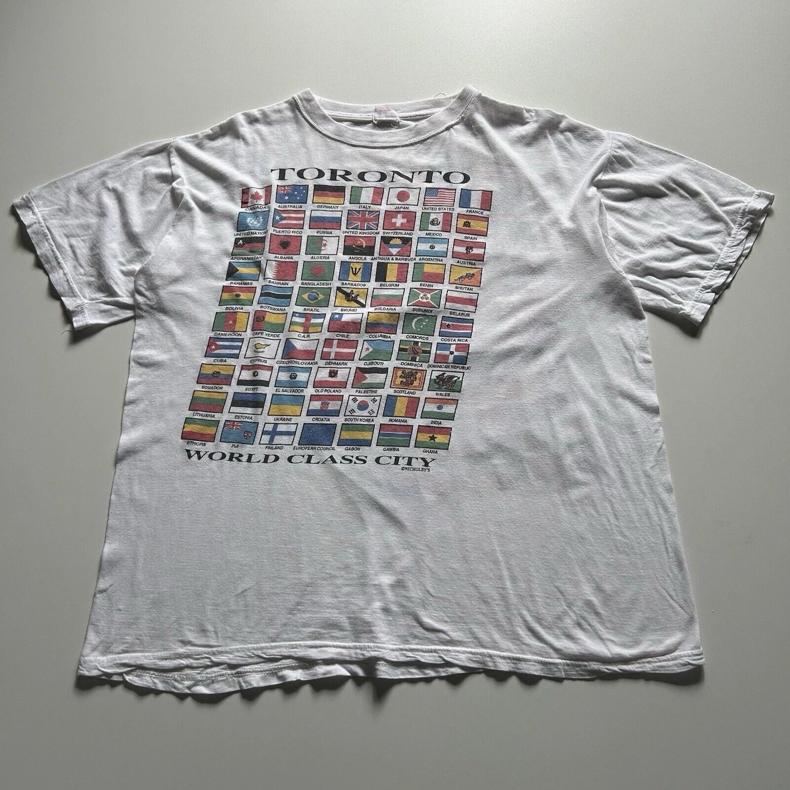 Vintage 90s Toronto World Class City Flag T Shirt Mens Size XL Canada Art World