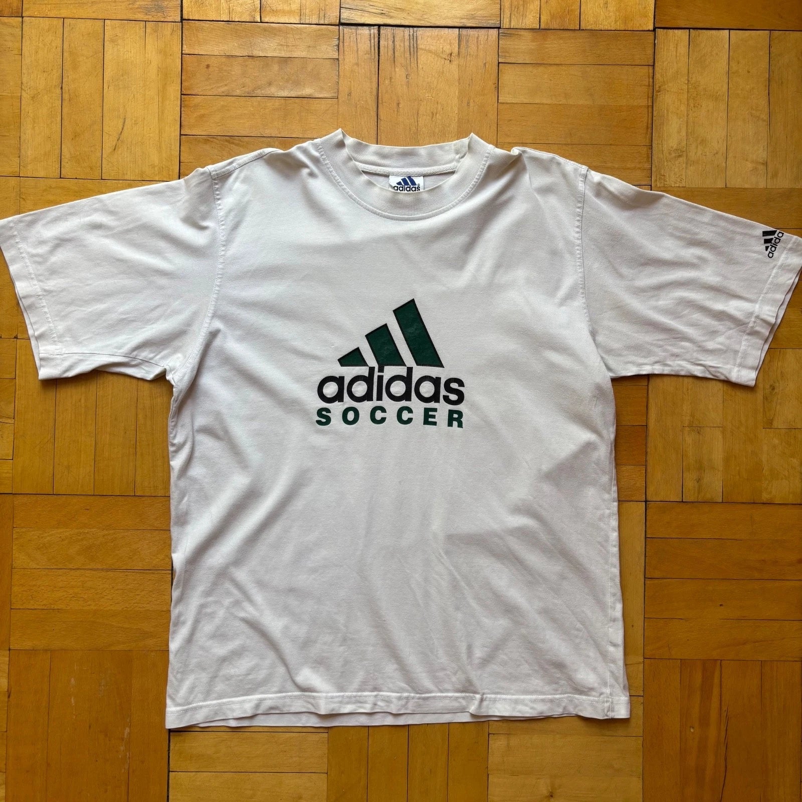 Vintage 90’s Boxy Archive Adidas Soccer T-Shirt White Green Logo Tee Size L