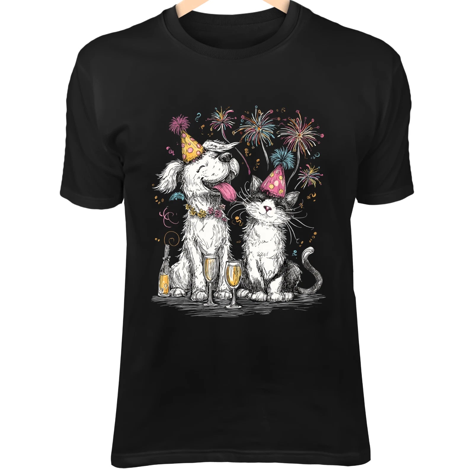 Holiday Dog & Cat Line Art - Minimalist with Party Hats, Fireworks & Champagne