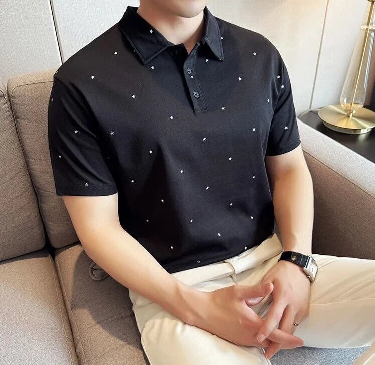 New Men Luxury Beaded Stars Fashion Polo T-Shirt Black White High Quality