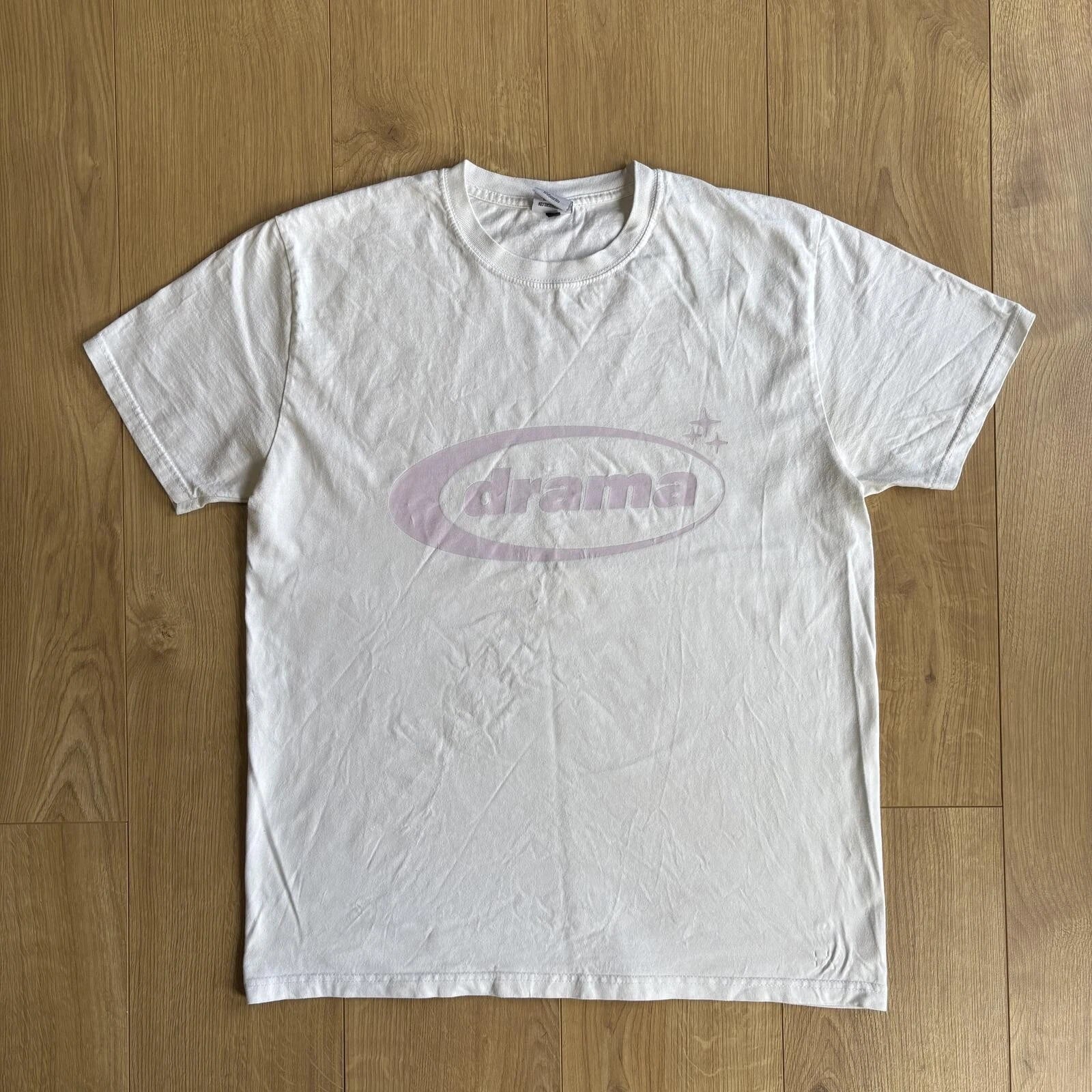 drama call white t shirt faded pink logo y2k minimalist streetwear size L