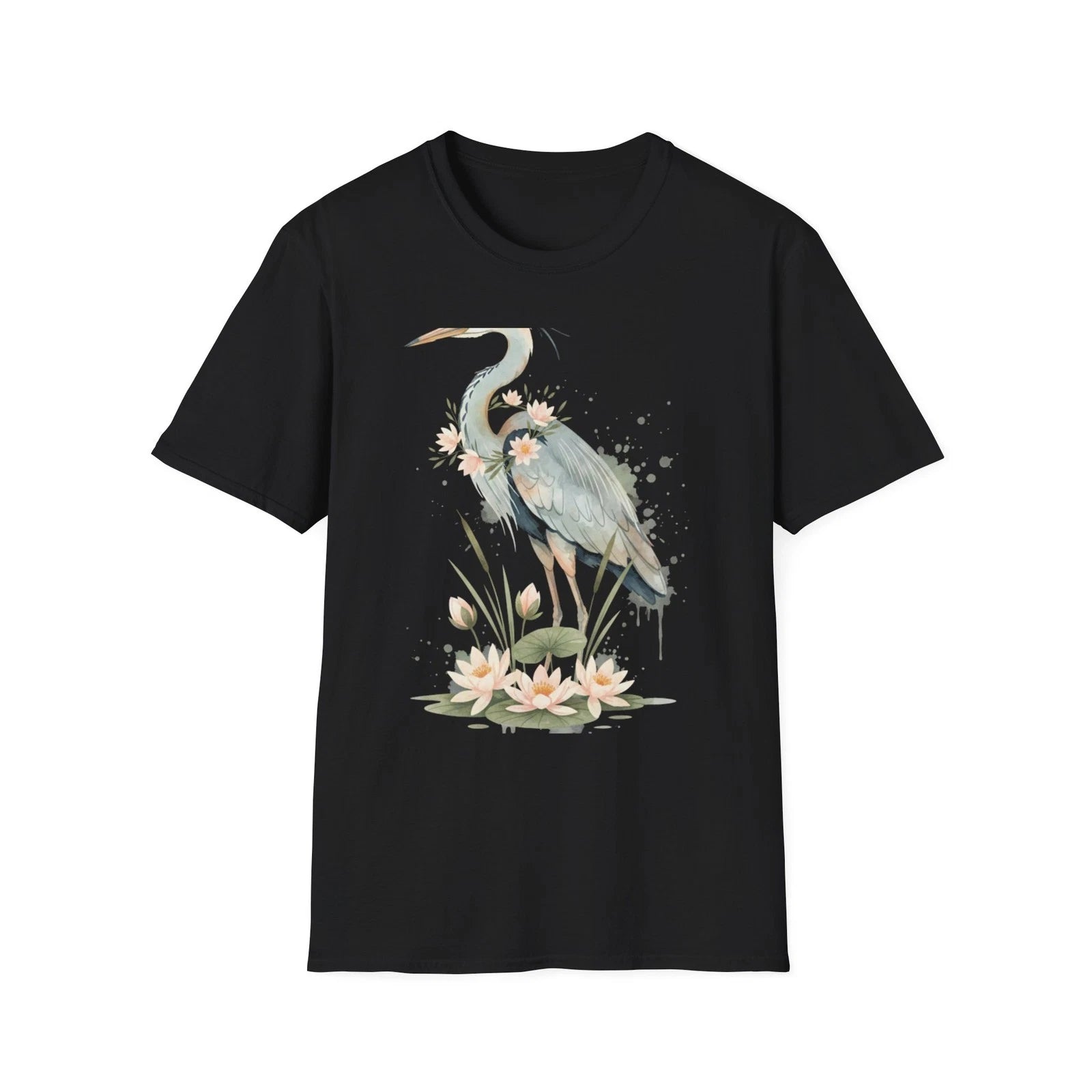 Heron Water Lily Floral Watercolor Nature Black Tee Aesthetic Graphic T-Shirt