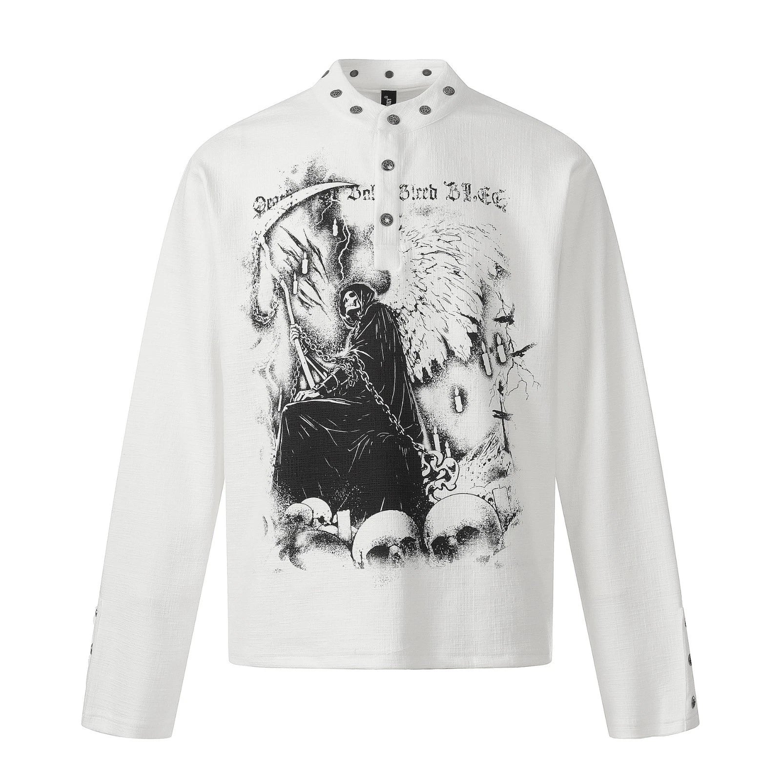 Men's Gothic Grim Reaper Henley Shirt Long Sleeve Streetwear Y2K Black White