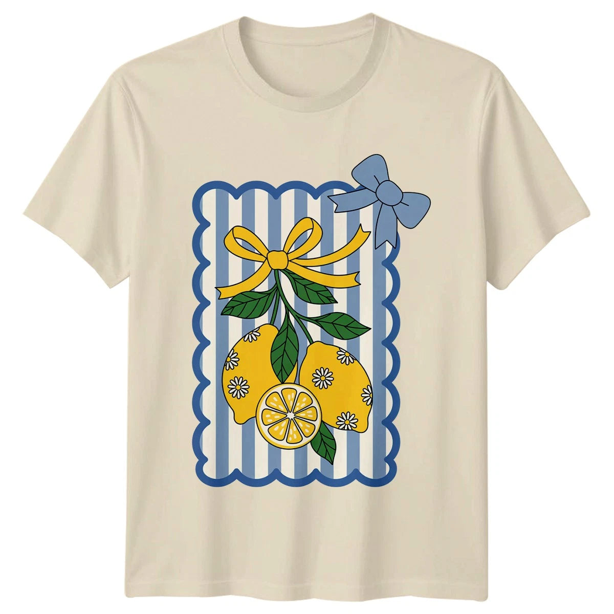 Lemon Daisies And Blue Stripe Womens T-Shirt Cottagecore Citrus Fruit Aesthetic