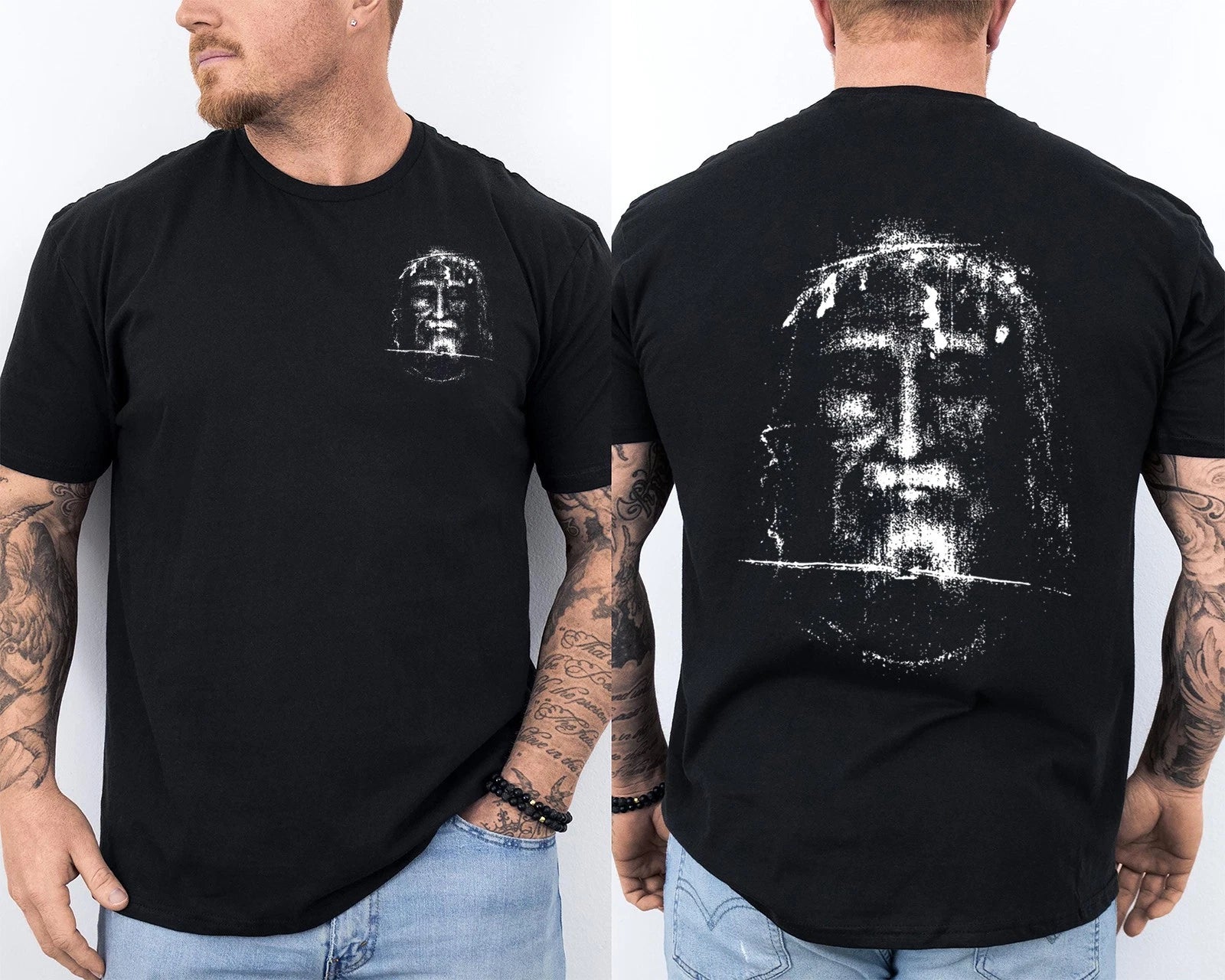 Vintage Shroud of Turin T-Shirt Holy Face of Jesus Christian Religious 2 Sided