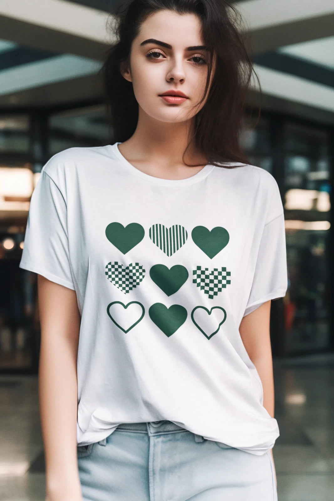 Green Heart Pattern T-Shirt Retro Checkered Graphic Tee Aesthetic Love Design