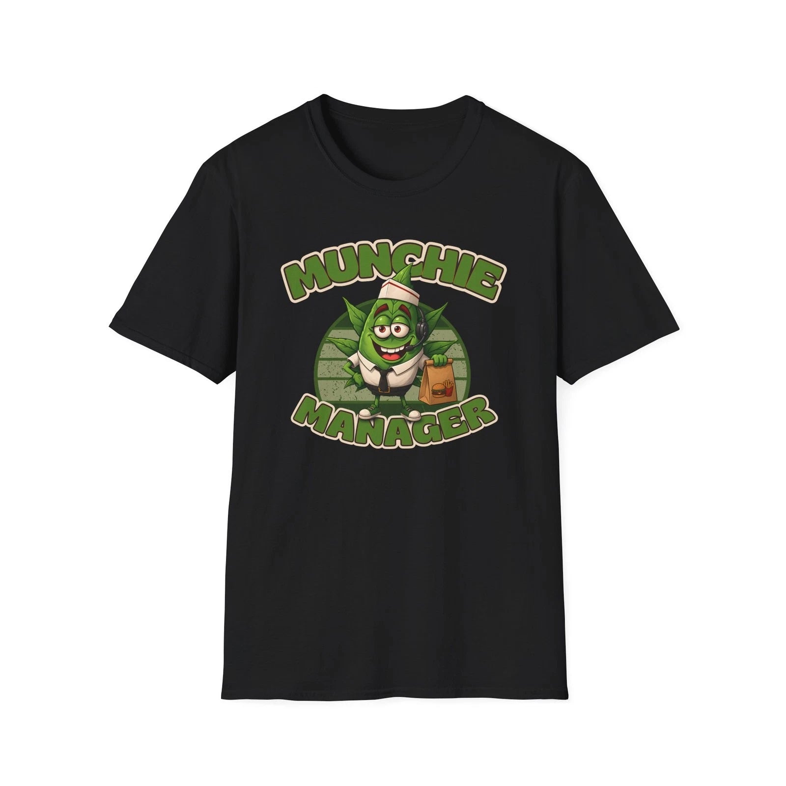 Munchie Manager T-Shirt | Cute Weed Leaf Character, Retro Fast Food Character