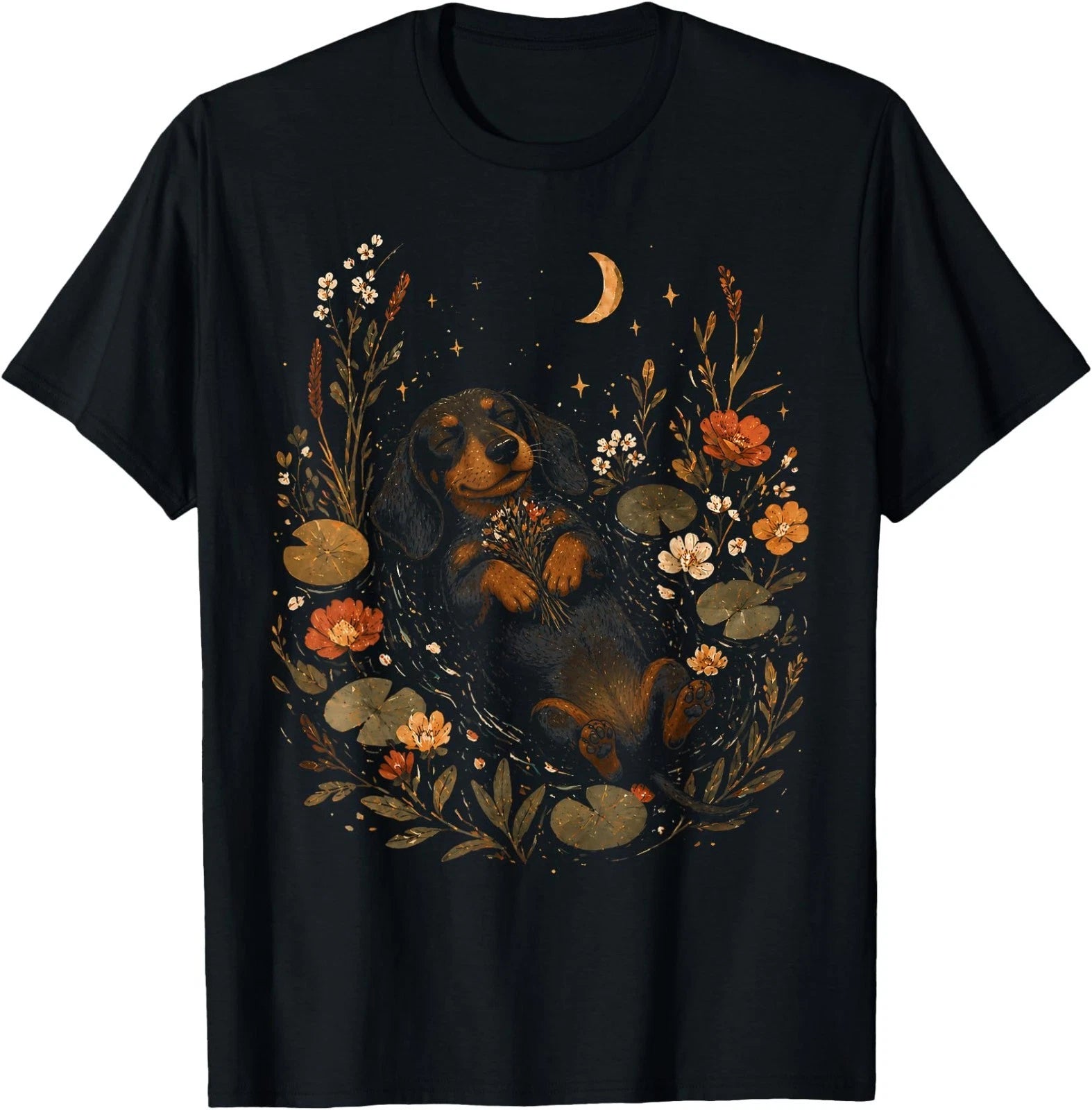 Dachshund Cute Aesthetic Goblincore Wildflower Art Floral T-Shirt