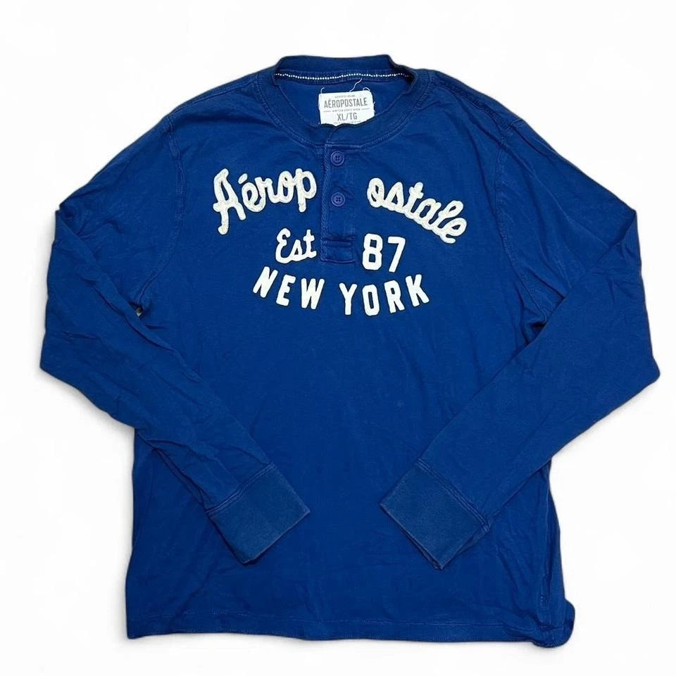 Vintage Y2K Men's Aeropostale Blue Henley Shirt Size XL Long Sleeve Pullover