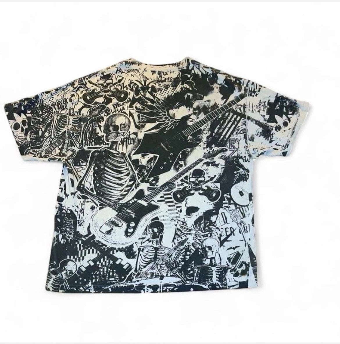 Y2K Grey Star Skeleton Guitar All Over Print Tee - Affliction Style - Size XL