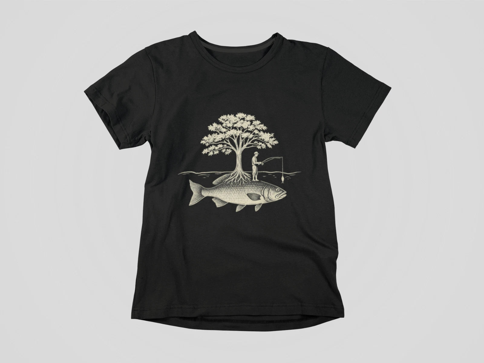 Fisherman Tree Fish Shirt Surreal Nature Graphic Tee Outdoors Fishing Art Design