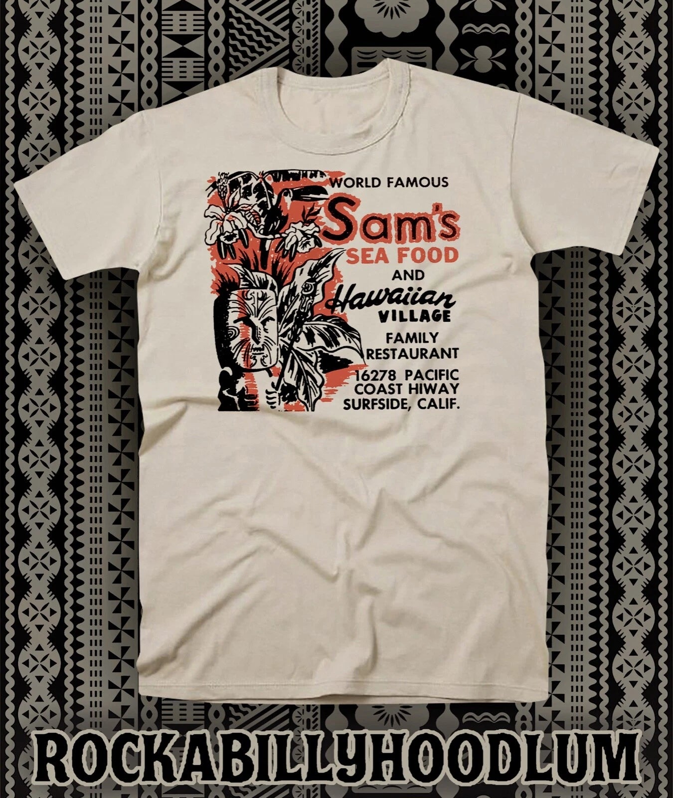 Retro Tiki Art Tee T Shirt Bar Mug Restaurant Sams Seafood Hawaiian Village CA
