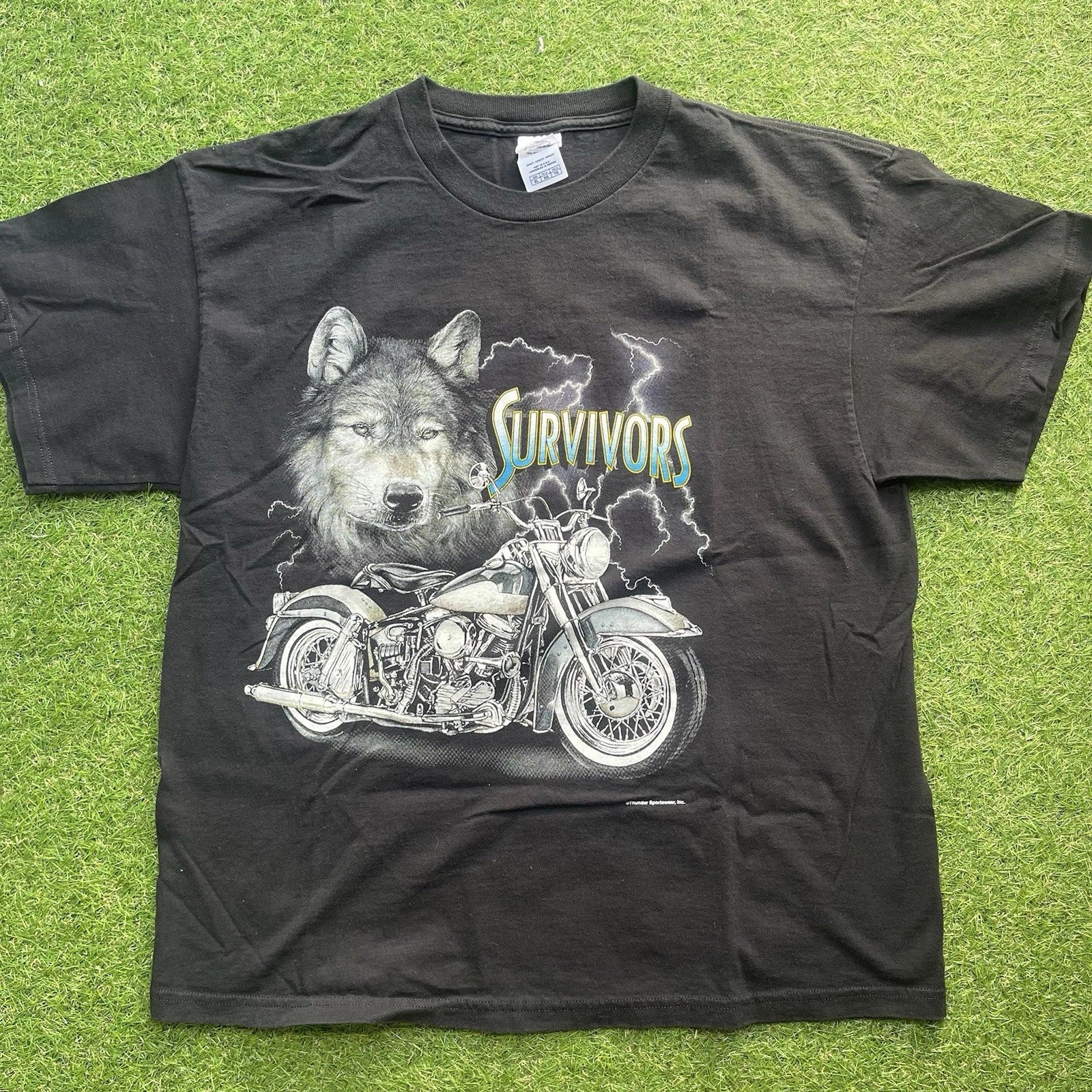 Vintage Thunder Sportswear T-Shirt Mens XL Black Survivors Wolf Motorcycle Y2K