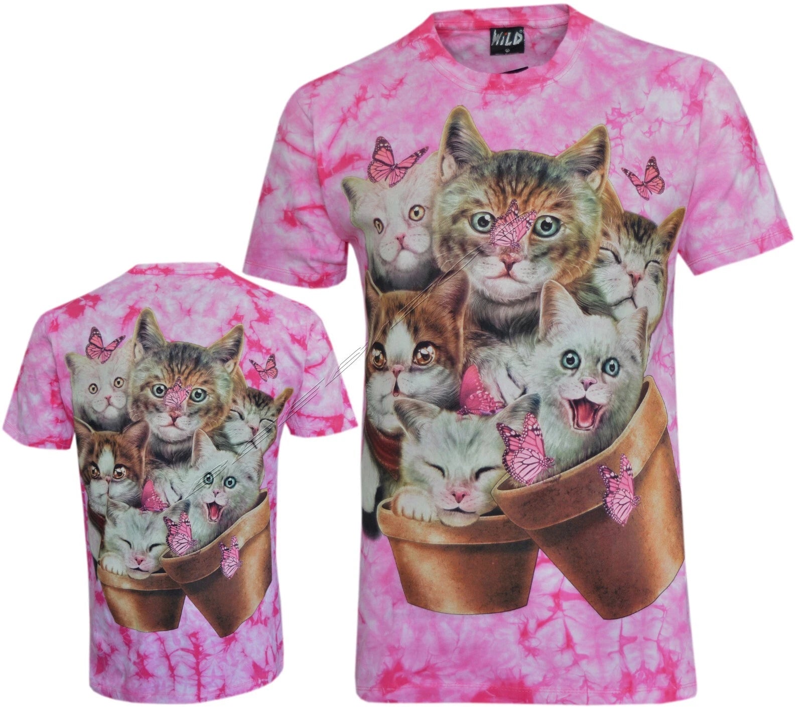Tie Dye T-Shirt Kittens & Butterflies Cute Playful Baby Cats Glow inDark by Wild