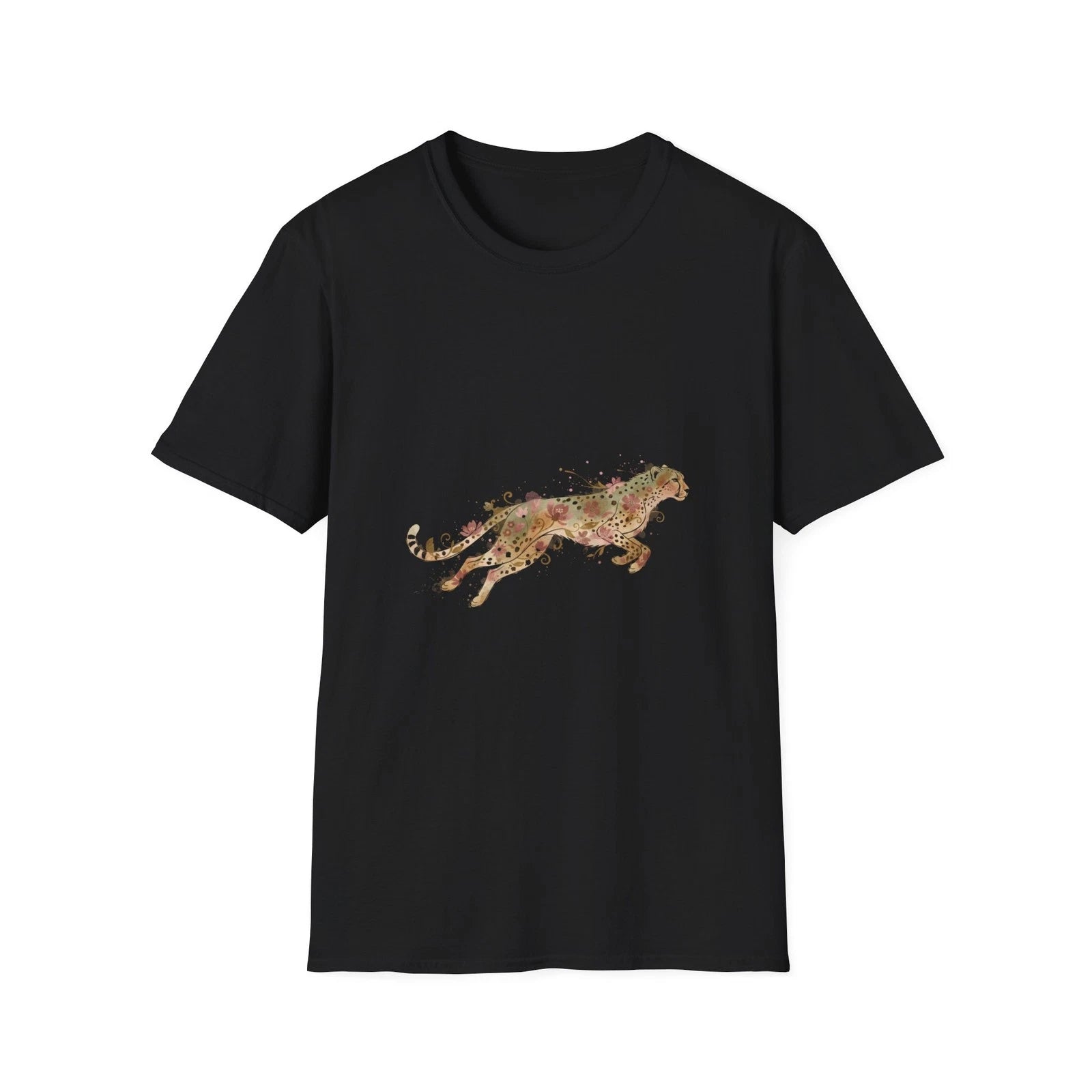 Cheetah Floral Watercolor Vintage Black Tee Nature Aesthetic T-Shirt