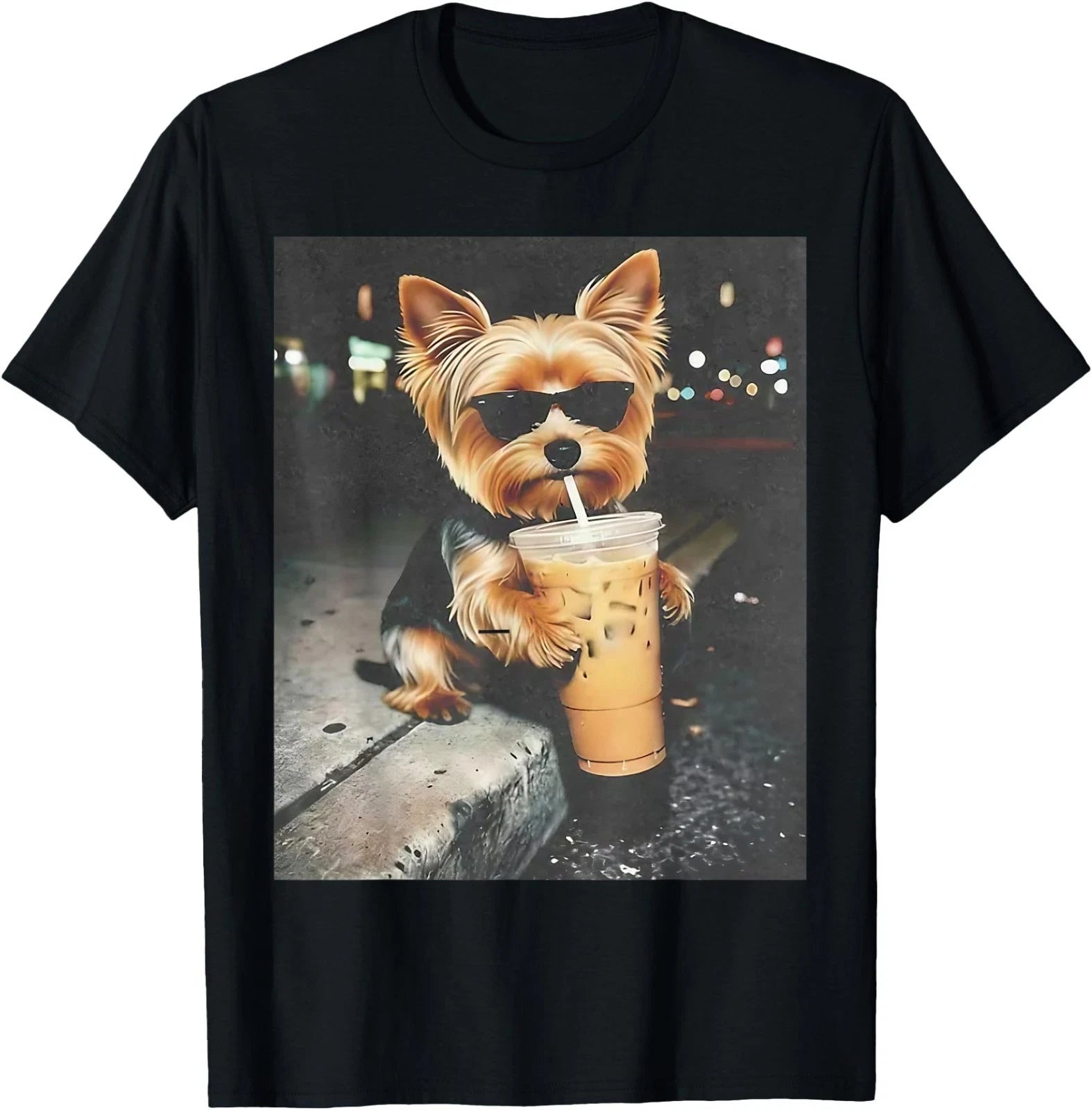 Funny Yorkie Drinking Iced Coffee Cute Dog Meme Humor T-Shirt