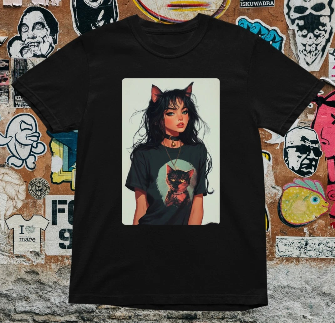 Anime Girl Cat Ears T Shirt Aesthetic Gothic Style Unisex Graphic Tee Harajuku S