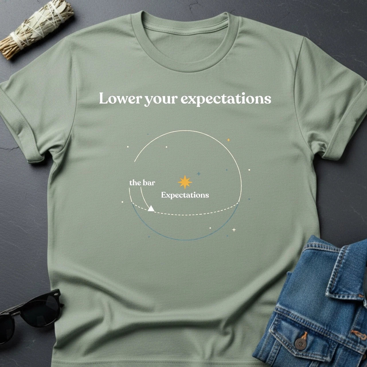Lower Your Expectations Minimalist T-Shirt | Cosmic Sarcastic Graphic Tee