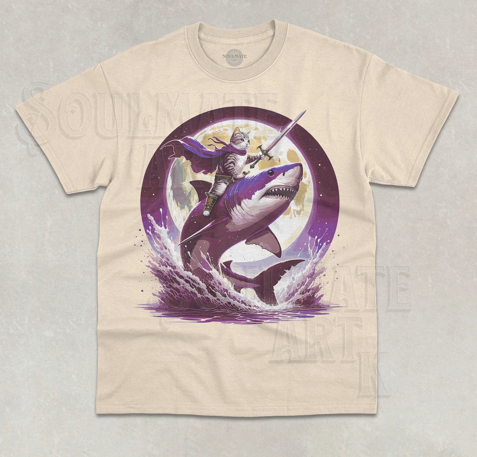 Cat Riding Shark Moon T-Shirt Shark Lover Rider Aesthetic Unisex Graphic Shirt