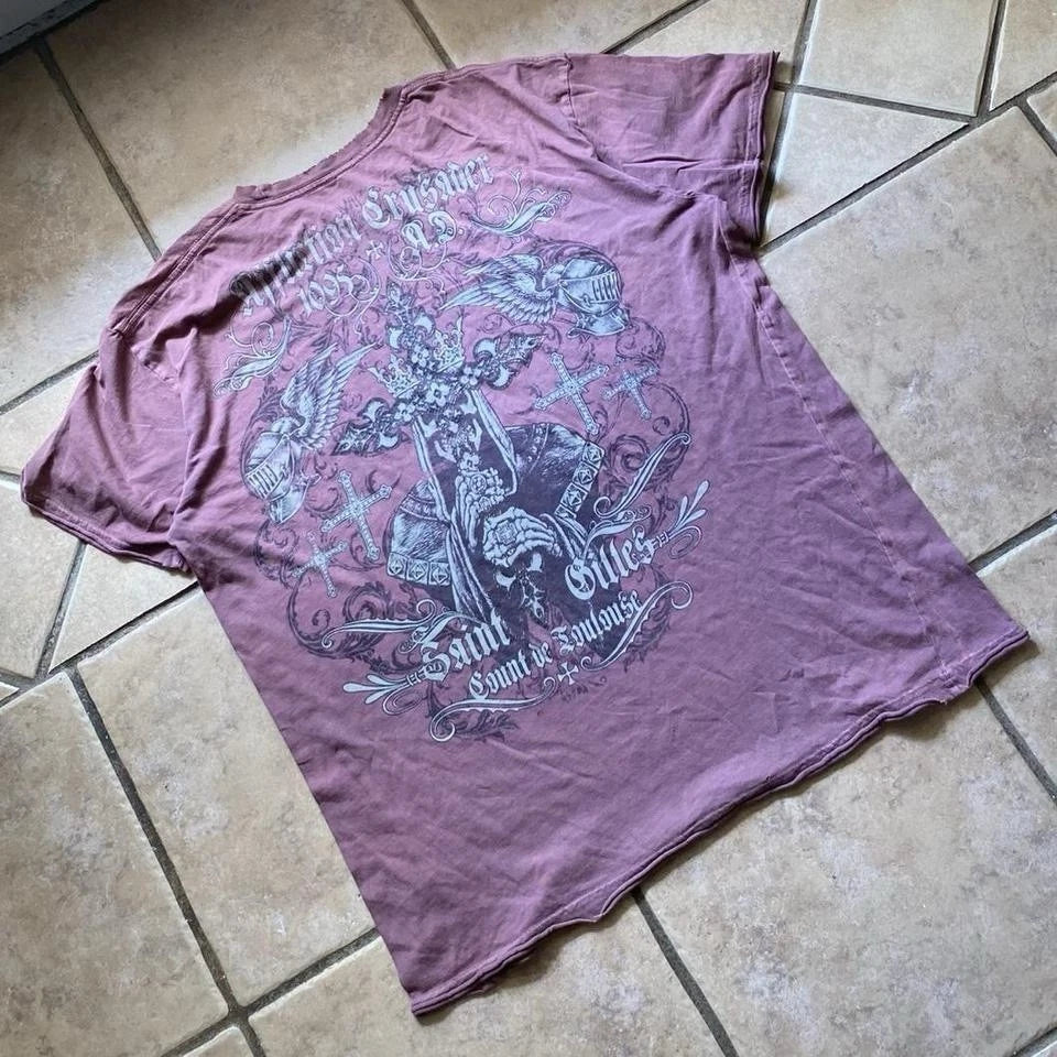 Y2k Affliction Grunge Knight And Cross Graphic Shirt Size LRG Mens