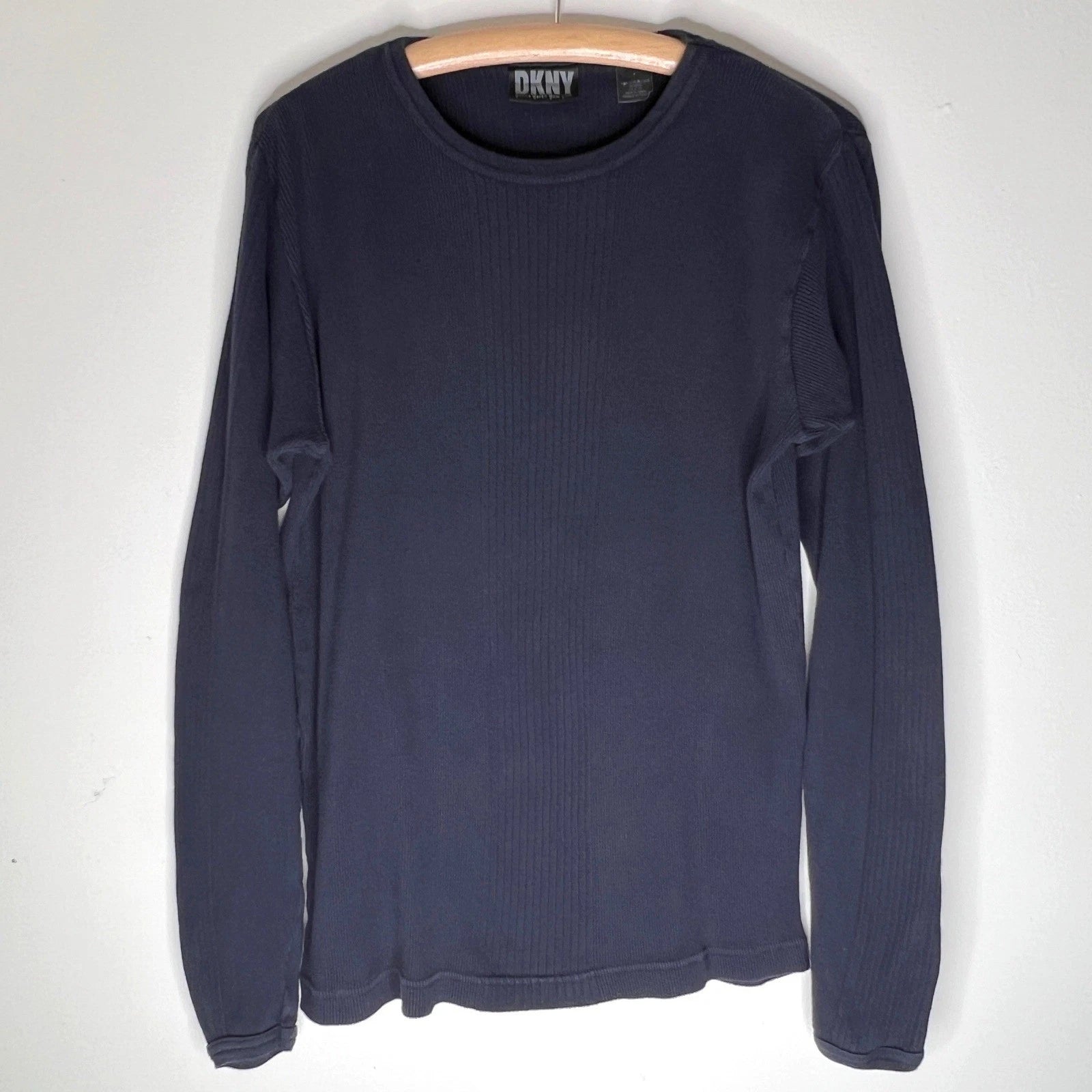 Vintage DKNY Mens Black Ribbed Knit Long Sleeve Minimalist 90s Top Size Large