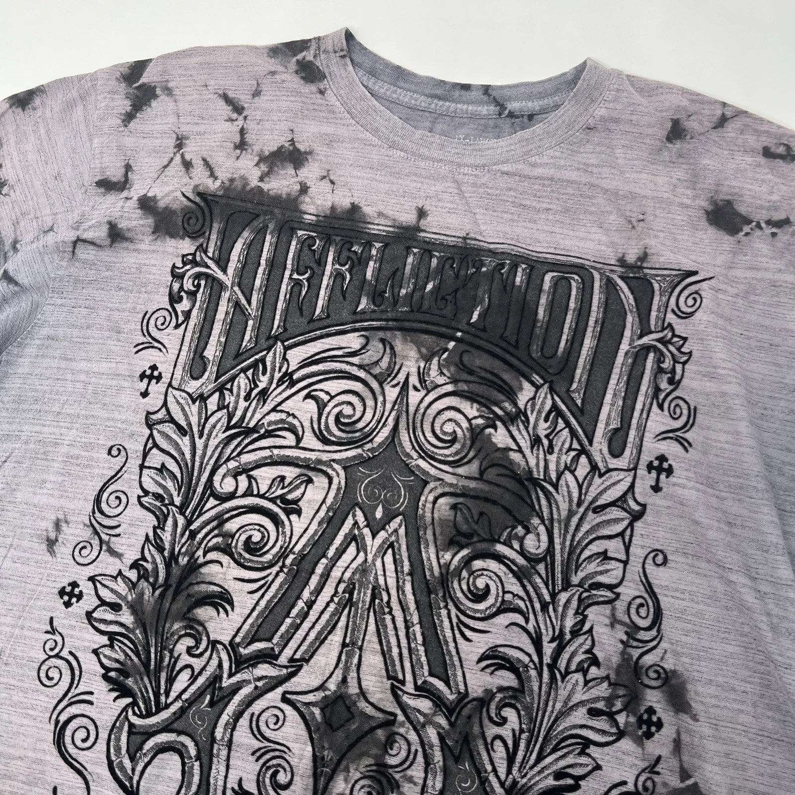 Affliction Y2K T-Shirt Embroidered Seams Large Logo Print Size XL Purple