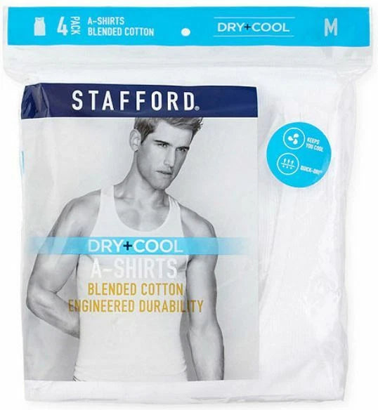 Stafford 4-Pack Men's Dry+Cool Blended Cotton Ribbed Tank Top A-Shirts White
