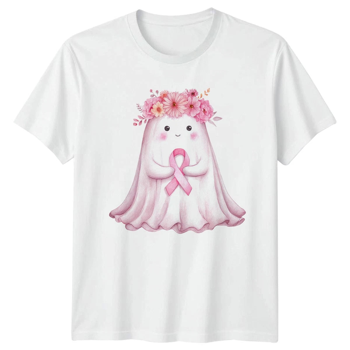 Cute Ghost Wearing Pink Ribbon Womens T-Shirt Breast Cancer Awareness Gift
