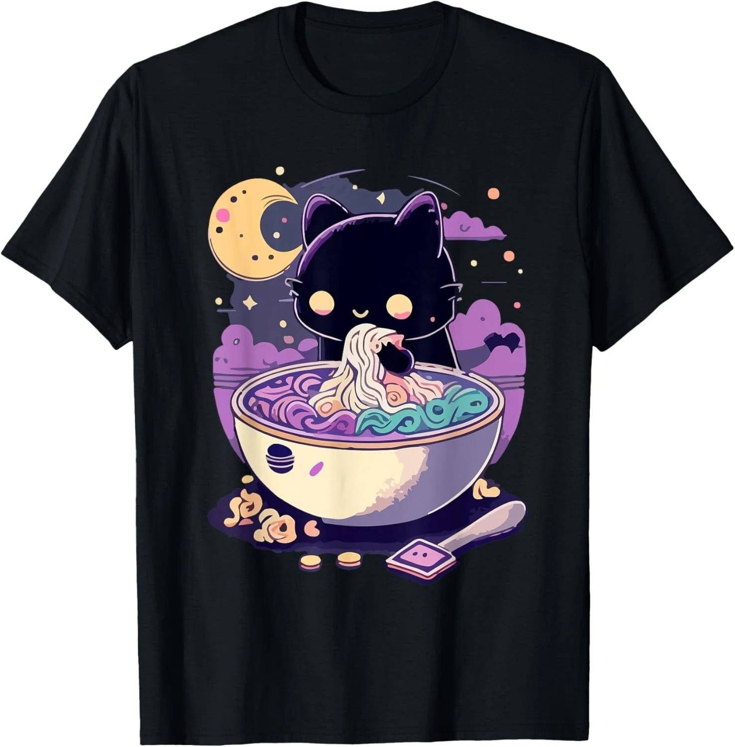Pastel Goth Aesthetic Kawaii Creepy Cat Eating Ramen Noodles T-Shirt