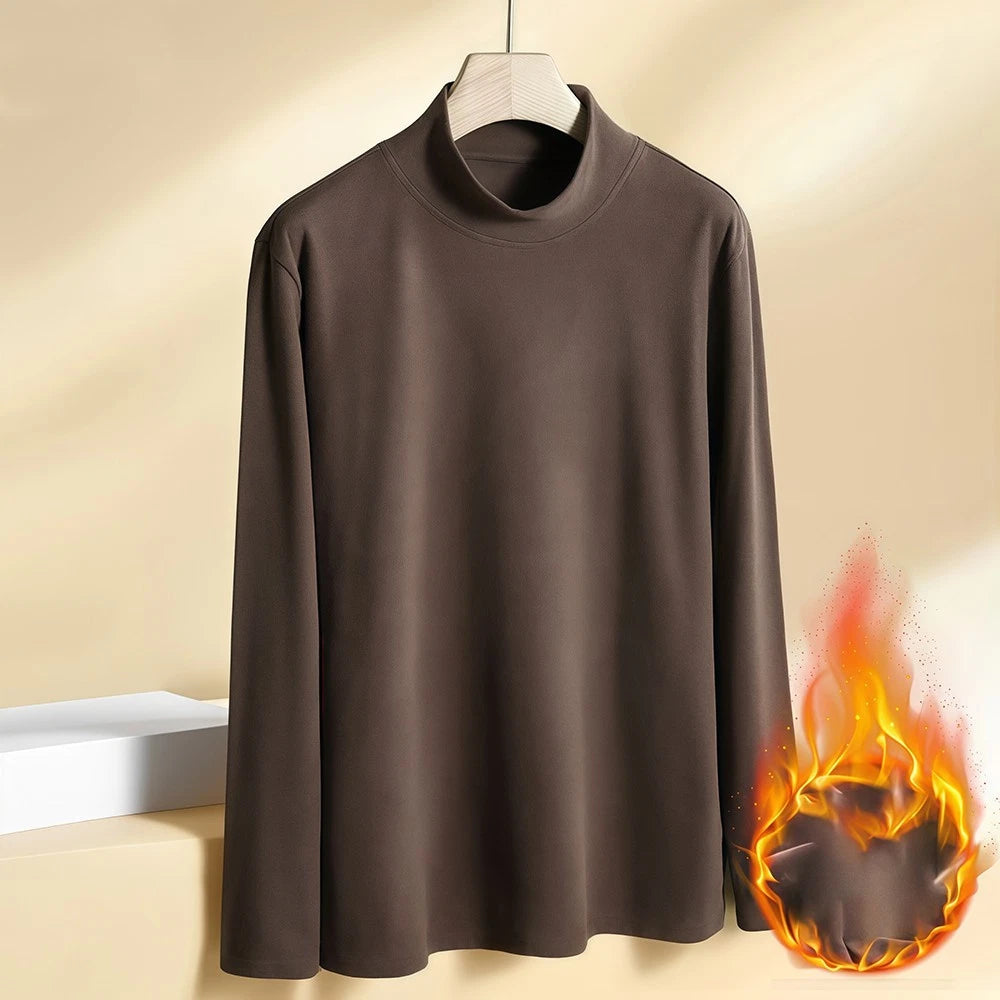 Men Lightweight Solid Color Velvet Top Thin Long Sleeve High Neck for Travel