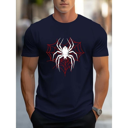 spider Printed T-shirt Men's Casual Style Summer and Autumn Slightly Elastic Round Neck T-shirt Made in USA