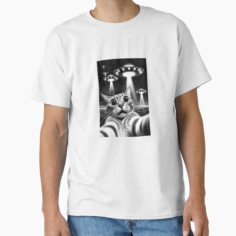 Cat UFO  Funny Invasion Meme Retro Alien Cat UFO Selfie T-Shirt by SubStudio97