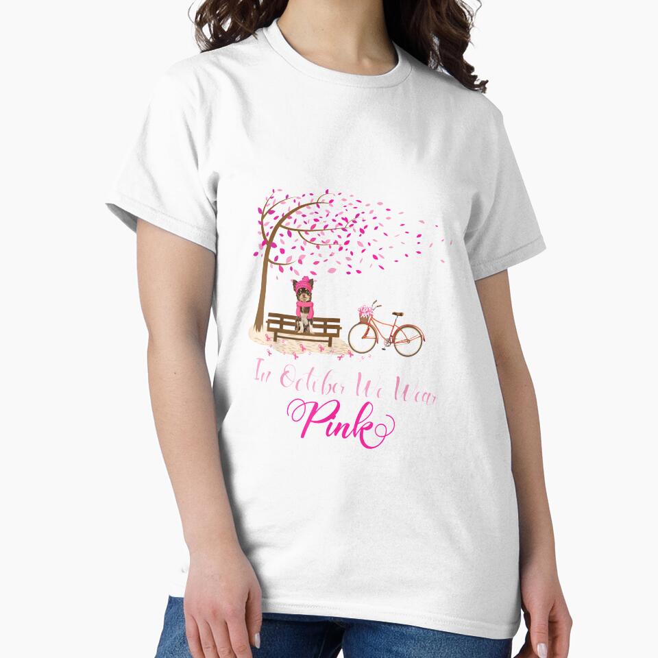 In October We Wear Pink Chihuahua Fall Leaves Breast Cancer T shirt by qrduubp320