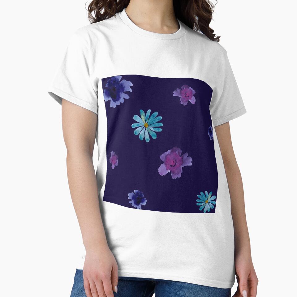 Violet daisy flower blue simple pattern watercolor by Yana Mustafina | Boho Soulful Designs