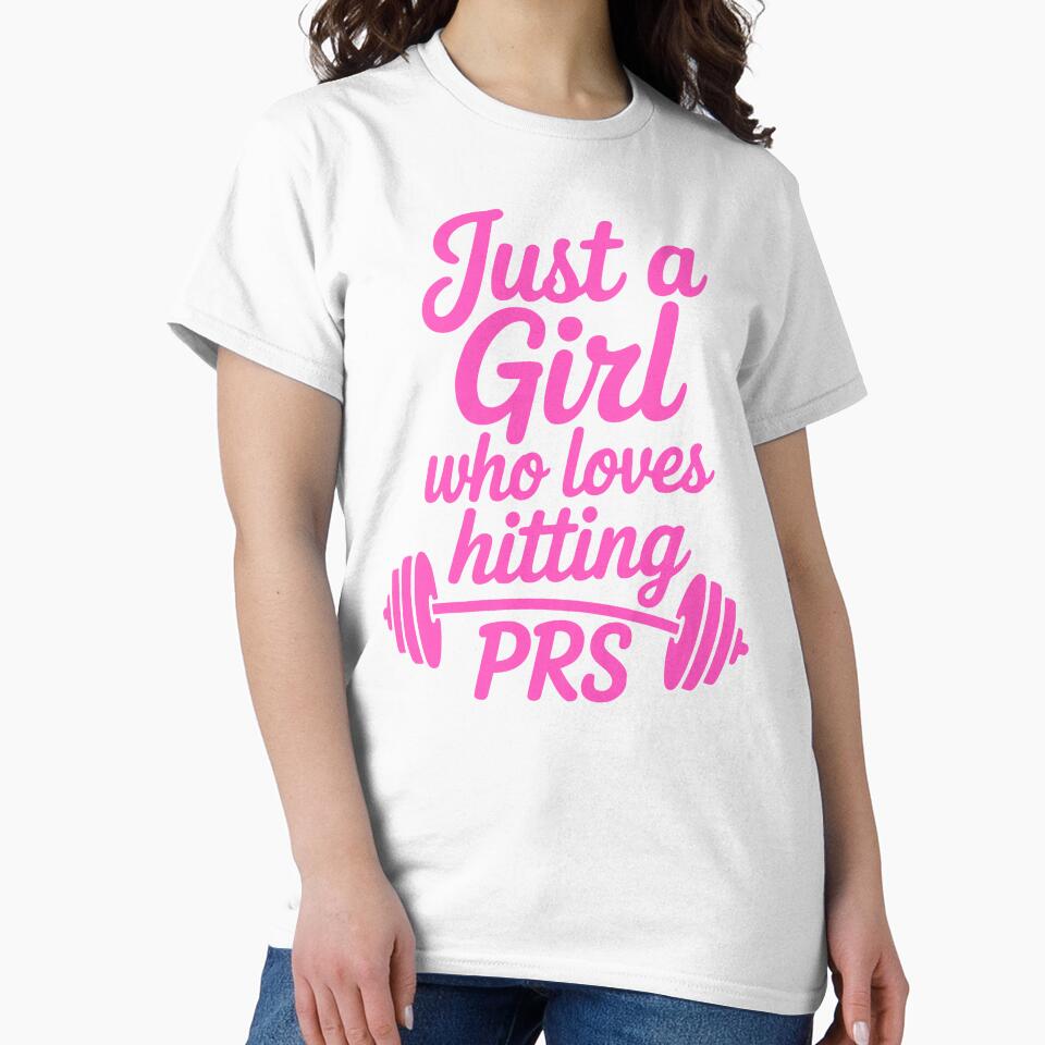 Just a Girl Who Loves Hitting PRs! Pink Cursive Fitness Motivation with Barbell Design by PMCreative