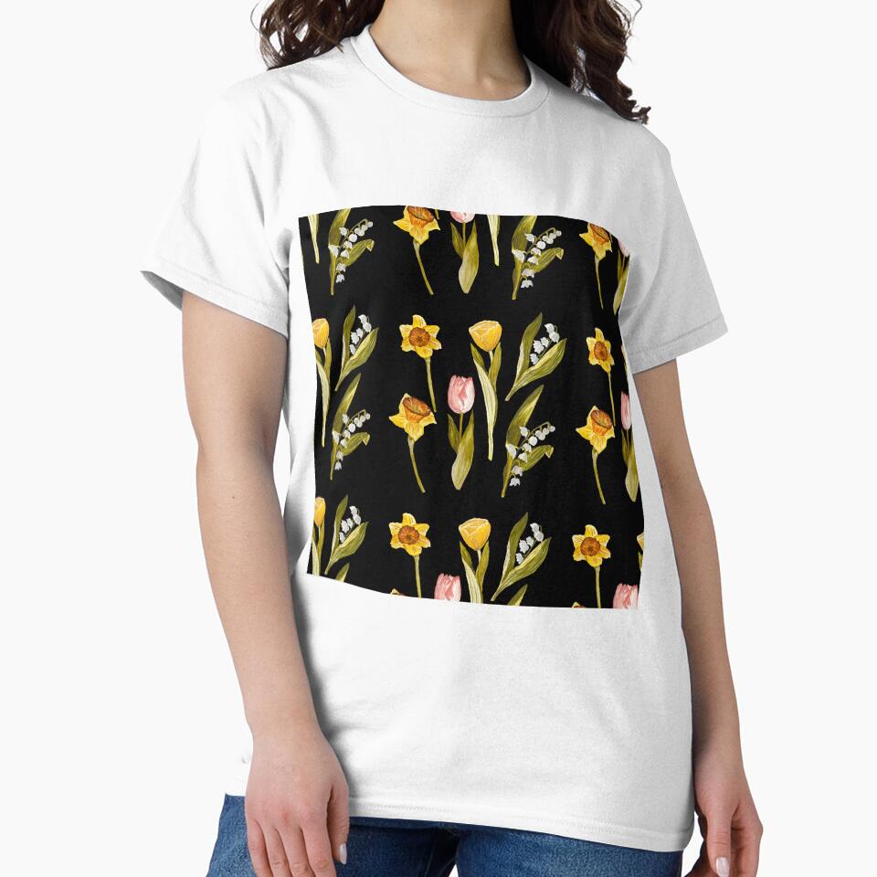 Daffodil tulip snowdrop Easter a seamless pattern black by Yana Mustafina | Boho Soulful Designs
