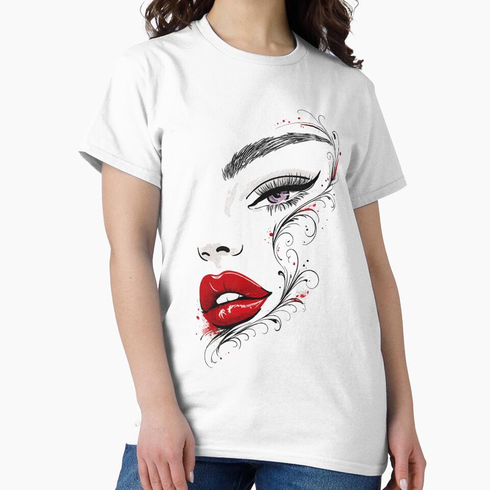 Red Lips Woman Face Line Art by Monomintstore