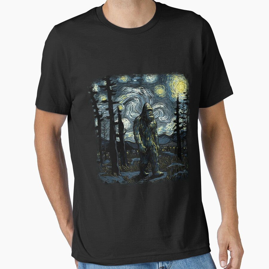 Bigfoot Starry Night Sasquatch Van Gogh Sky Painting Art Long Sleeve by GreggRoss