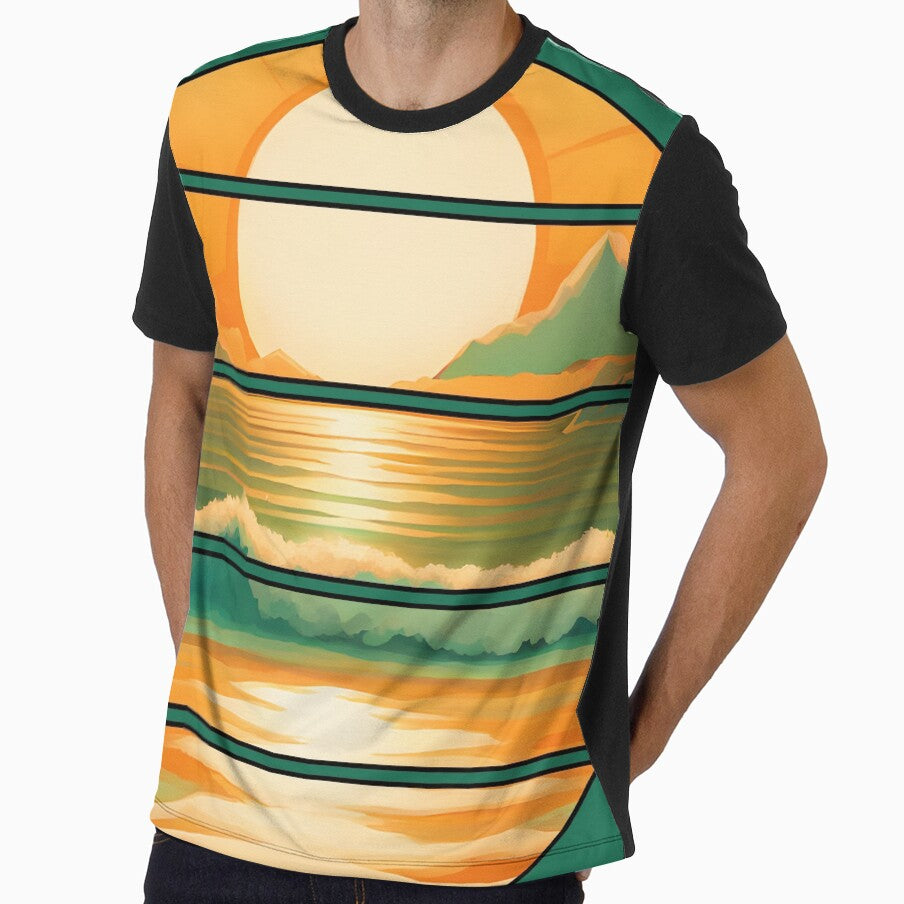 Retro Sun Beach Ocean Mountains Sky AI Art - Orange with black edge by Beachy